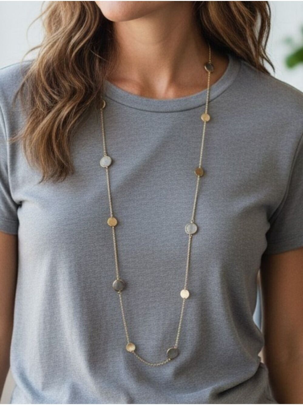 Delicate Goldtone and Gray Stone Disc Station Necklace